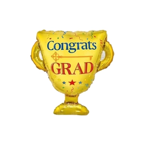 Golden trophy foil balloon with Congrats GRAD text for graduation party decorations