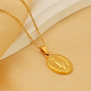 Religious Saint Pendant Necklace Gold Plated Stainless Steel Vintage Oval Virgin Mary Medallion Prayer Jewelry Women