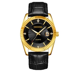 Luxury gold-tone watch with black leather strap and calendar display for men and women
