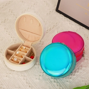 Portable Round PU Leather Jewelry Box For Travel Mirror Finish Cross Grain Small Case For Rings Earrings Necklaces Organizer