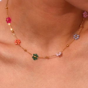 Handmade gold chain necklace with colorful small beaded flowers for women fashion