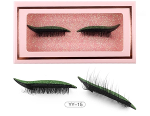 Detail of YY-15 natural false eyelashes with integrated green glitter eyeliner stickers