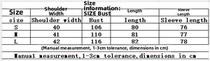 Detailed size chart for tiered ruffle dress showing shoulder and bust measurements in cm