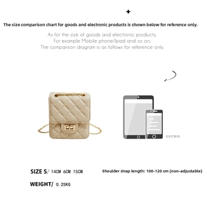 Size chart showing beige quilted PU leather crossbody bag dimensions with phone comparison
