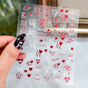 3D heart nail stickers with red hearts and love letter motifs for romantic manicure art
