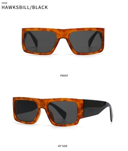 Front and 45-degree side view of modern rectangular sunglasses in hawksbill and black finish