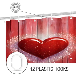 Detail of red heart shower curtain with 0.4 inch metal grommets and 12 plastic hooks