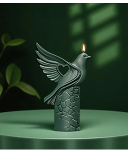 Close-up of pigeon candle mold with heart-shaped cutout and textured cylindrical base