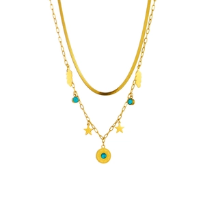Double-layered gold titanium steel necklace featuring turquoise pendant and sun feather charms