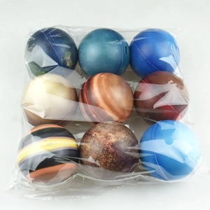 Detailed set of 9 solar system PU foam stress balls packaged in a clear plastic bag