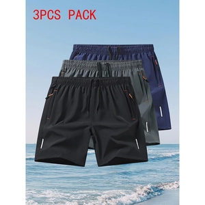 3-pack of men's quick-dry sports shorts in black, grey, and navy with reflective strips