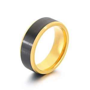 Brushed black tungsten steel ring with polished gold edges for men and women