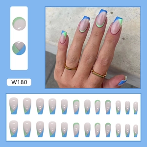 High-quality detailed view of 24pcs blue and green French-tip ballerina press-on nails