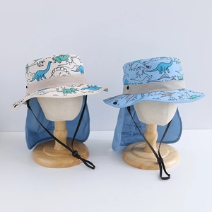 Detail of kids dinosaur sun hats with breathable mesh, neck flap and chin strap