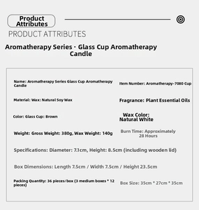 Detail view of soy wax aromatherapy candle specs including 28h burn time and dimensions