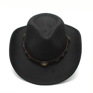 Detail of black felt cowboy hat with brown leather band and gold shield rivets