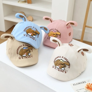 Four colors of cute baby hats with cartoon puppy prints and soft 3D plush ears decor
