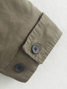 Detailed close-up of army green canvas jacket cuff with two dark grey buttons