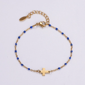 Bracciale in acciaio inossidabile dorato con perline blu e ciondolo a croce elegante