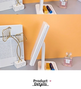Slim white LED makeup mirror with adjustable tilting stand and rectangular storage base