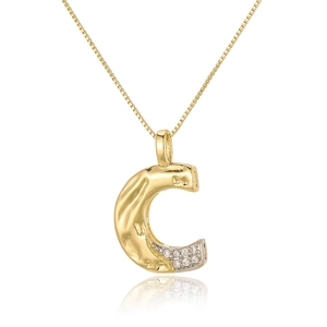 Detailed close-up of a gold-plated letter C pendant with sparkling cubic zirconia on a fine chain