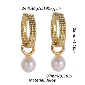 Detail view of 18K gold plated twisted hoop earrings with drop pearl and dimensions