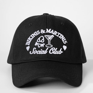 Classic black cotton baseball cap featuring white Bikinis and Martinis embroidery detail