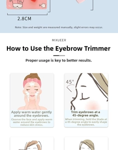 Detail showing 2.8cm eyebrow razor head and a 45-degree angle usage guide for women
