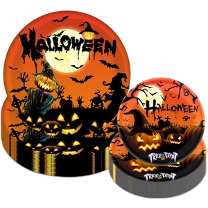 Halloween pumpkin paper plate set with classic witch and bat patterns for festive parties