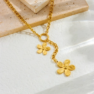 Collier en Y en acier inoxydable doré avec pendentifs fleurs sur socle en pierre