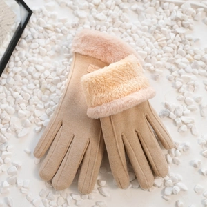 Guanti invernali beige caldi con polsini in peluche e funzione touch screen donna