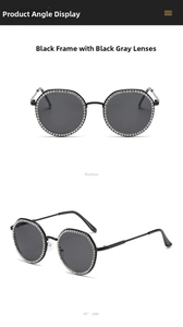 Detail showing crystal-encrusted round sunglasses with black frames and grey lenses