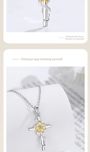 Macro detail of 925 sterling silver sunflower cross necklace with sparkling zircons