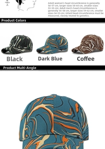 Detail of marble pattern baseball cap showing size guide and various color options