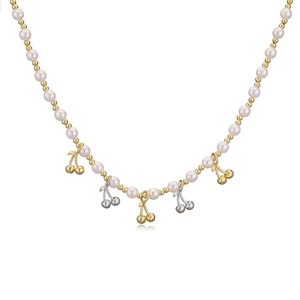 Elegant pearl choker necklace featuring gold and silver cherry pendants for women