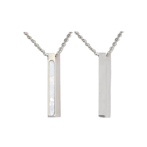 Detailed view of silver bar pendants with mother of pearl and brushed metal finish