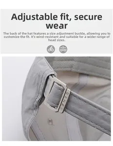 Detail of adjustable metal buckle and stitching on lightweight breathable sport cap