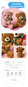 Détails des ours en peluche avec roses montrant la texture et conseils de lavage
