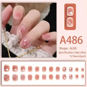 Sparkly nude pink gradient press-on nails with silver glitter details, 24-piece AL09 set