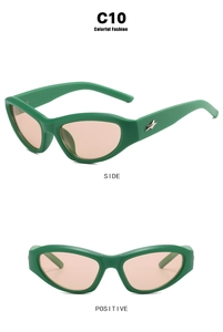 Detailed side and front view of green Y2K sunglasses with silver star decoration