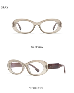 Detail view of oval translucent gray frames with retro textured temples for fashion