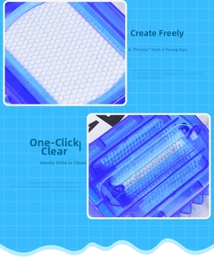 Detail of blue magnetic drawing board with honeycomb texture and smooth eraser slide