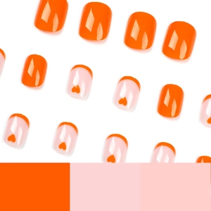 French orange heart press-on nails set with solid color and glossy finish