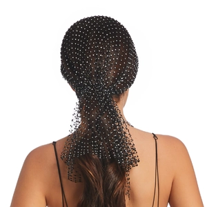 Black mesh headscarf with sparkling rhinestones for women, elegant hollow fishnet hair accessory