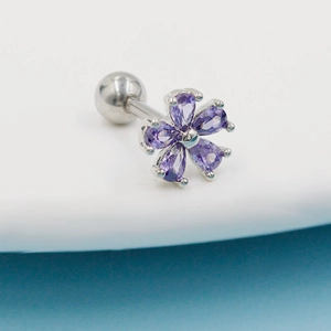Floral purple zircon stud earring in polished stainless steel with a ball back closure