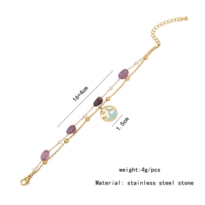 Detail showing 16+4cm stainless steel double-layer bracelet with dolphin pendant and purple stones