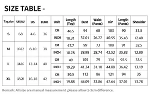 Detailed size guide table for women's two-piece sleeveless top and cropped pants set