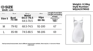 Size chart detail for split waist mini dress showing bust, waist, and hip measurements