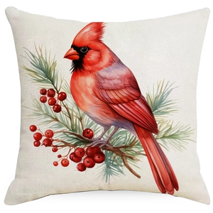 Linen Christmas pillow cover with red cardinal and berry watercolor print on beige background