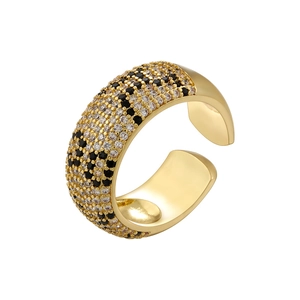 Hip hop gold plated open ring featuring pave set black and clear zircon leopard pattern